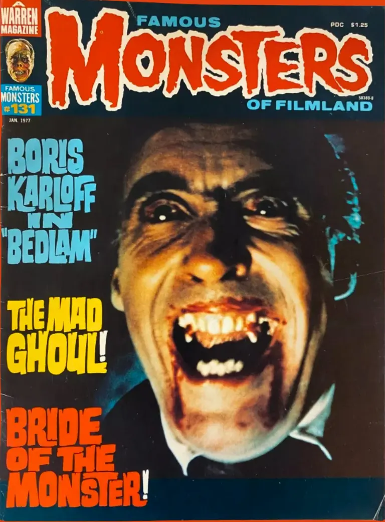 Famous Monsters of Filmland issue #131 January 1977 cover featuring color photo of Christopher Lee as Dracula with bloody fangs