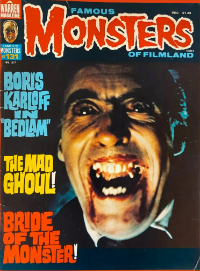 Famous Monsters of Filmland issue #131 January 1977 cover featuring color photo of Christopher Lee as Dracula with bloody fangs