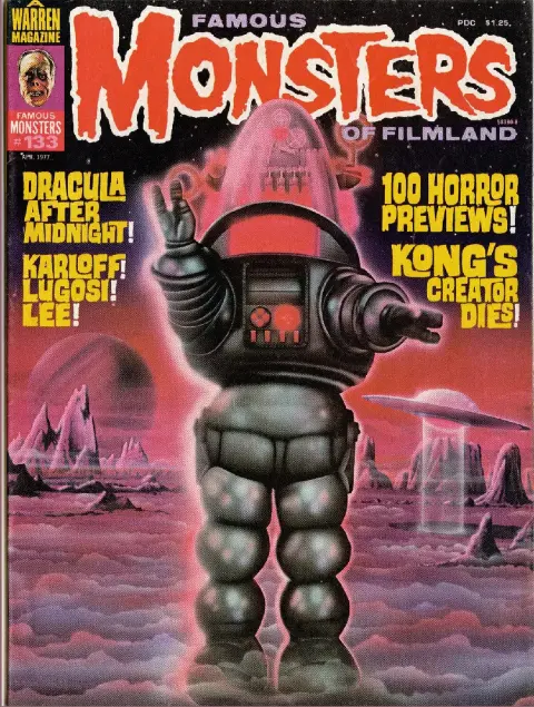 Famous Monsters of Filmland issue #133 April 1977 cover featuring classic painting of Robby the Robot from Forbidden Planet