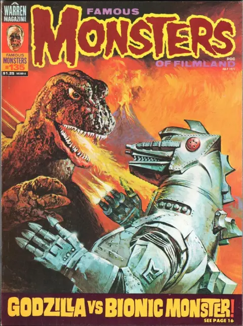 Famous Monsters of Filmland issue #135 July 1977 cover by Basil Gogos featuring Godzilla vs the Bionic Monster epic battle