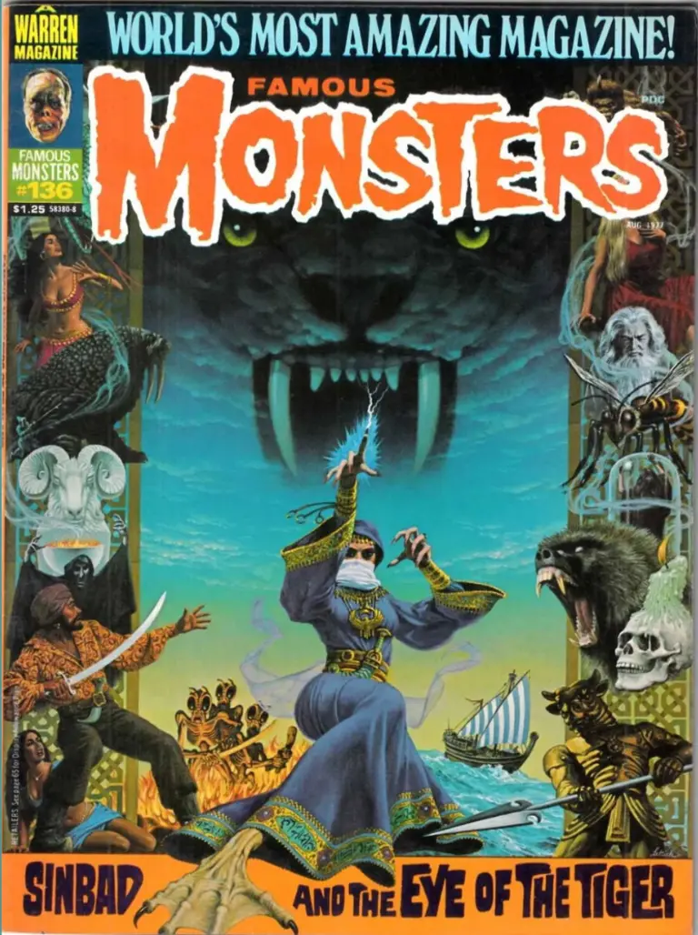 Famous Monsters of Filmland issue #136 August 1977 cover featuring dynamic production painting from Sinbad and the Eye of the Tiger