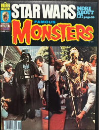 Famous Monsters of Filmland issue #139 December 1977 cover featuring Darth Vader and C-3PO cement footprints at Mann's Theater