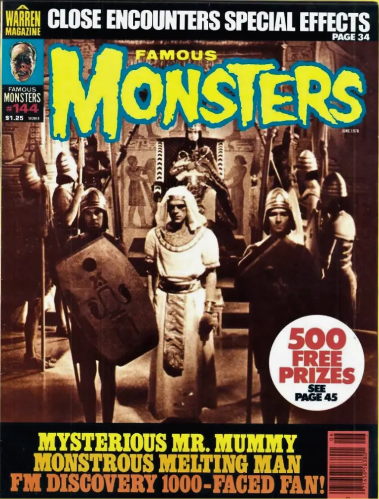 Famous Monsters of Filmland issue #144 June 1978 cover featuring Boris Karloff as Im-Ho-Tep from The Mummy flanked by guards