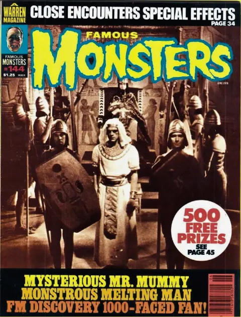 Famous Monsters of Filmland issue #144 June 1978 cover featuring Boris Karloff as Im-Ho-Tep from The Mummy flanked by guards
