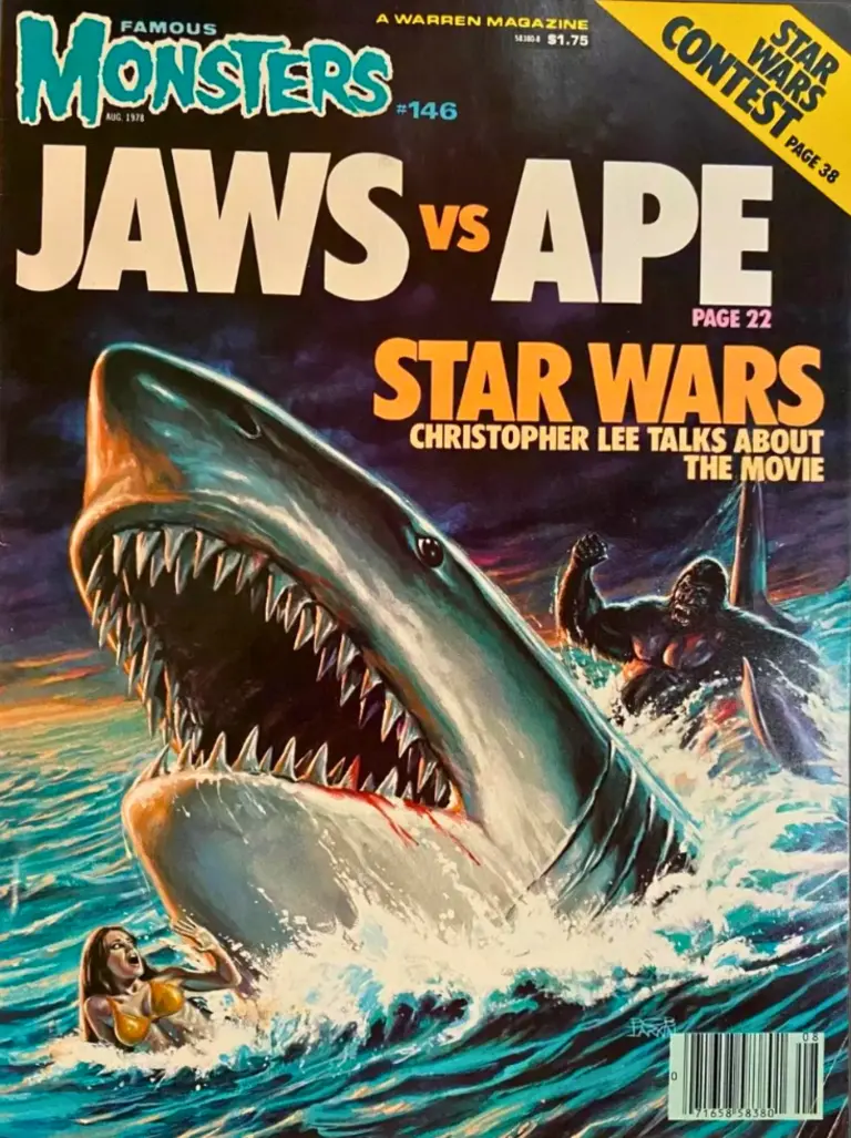Famous Monsters of Filmland issue #146 August 1978 cover by Bob Larkin featuring gorilla vs shark from schlock classic A*P*E
