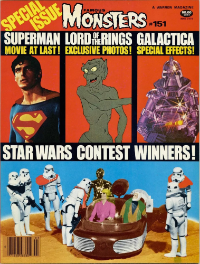 Famous Monsters of Filmland issue #151 March 1979 cover collage featuring Superman, Lord of the Rings Gollum, Battlestar Galactica Cylon, and Star Wars figures