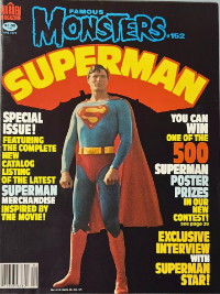 Famous Monsters of Filmland issue #152 April 1979 cover featuring heroic color photo of Christopher Reeve as Superman in flight