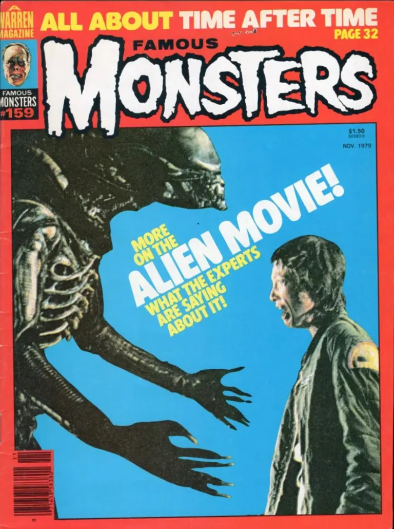 Famous Monsters of Filmland issue #159 November 1979 cover featuring intense Alien xenomorph attack scene with Veronica Cartwright screaming