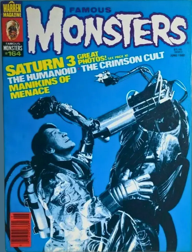 Famous Monsters of Filmland issue #164 June 1980 cover featuring blue-tinted still of Kirk Douglas attacked by robot in Saturn 3
