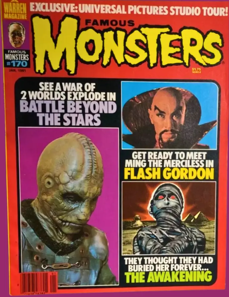 Famous Monsters of Filmland issue #170 January 1981 cover featuring color stills from Battle Beyond the Stars, Max von Sydow in Flash Gordon, and poster art from The Awakening