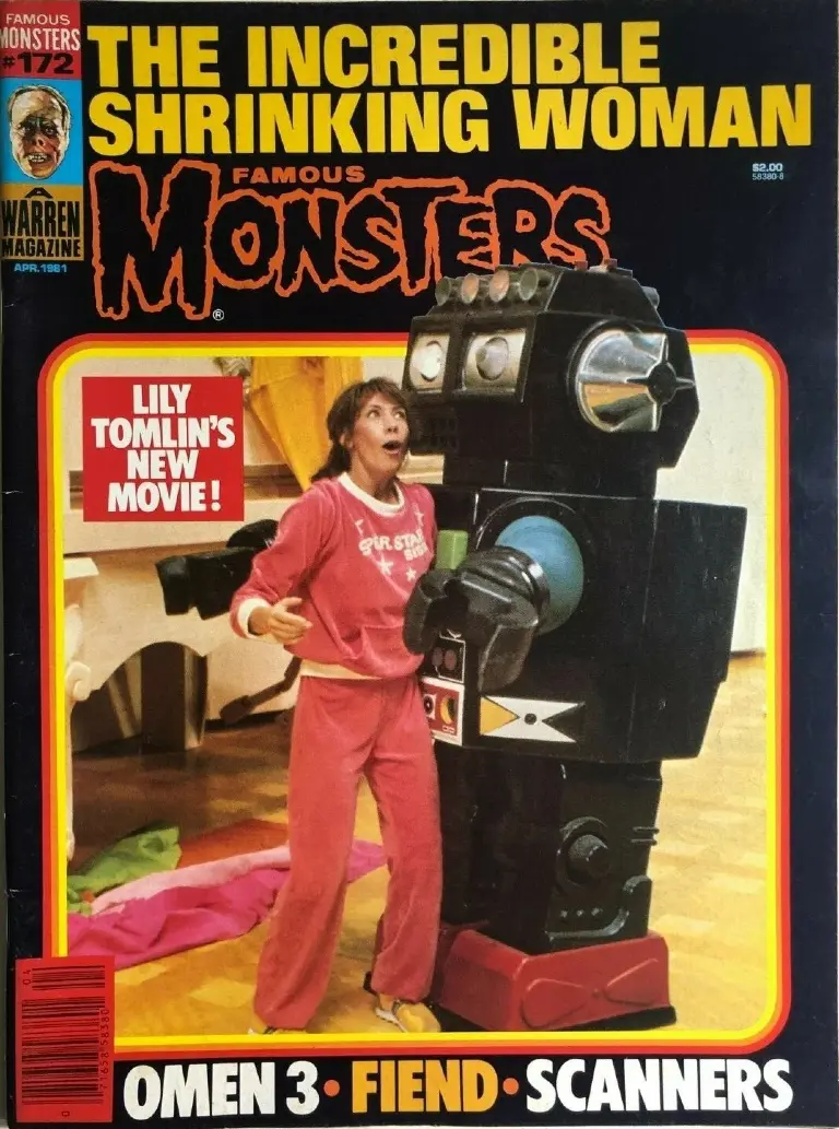 Famous Monsters of Filmland issue #172 April 1981 cover featuring color still of Lily Tomlin attacked by toy robot in The Incredible Shrinking Woman