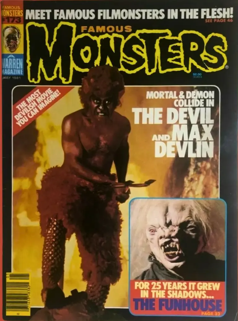 Famous Monsters of Filmland issue #173 May 1981 cover featuring Bill Cosby as devil from The Devil and Max Devlin and mutant from The Funhouse