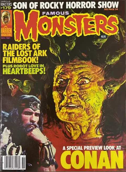 Famous Monsters of Filmland issue #179 November 1981 cover by Basil Gogos featuring The Gorgon and Arnold Schwarzenegger as Conan the Barbarian