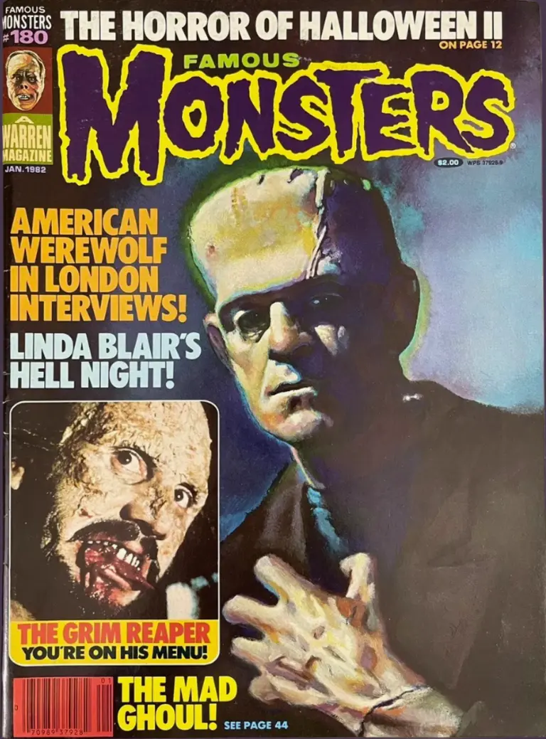 Famous Monsters of Filmland issue #180 January 1982 cover featuring uncredited painting of Karloff's Frankenstein Monster and photo from The Grim Reaper