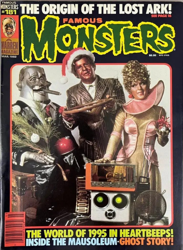 Famous Monsters of Filmland issue #181 March 1982 cover featuring Andy Kaufman and Bernadette Peters with robot from Heartbeeps