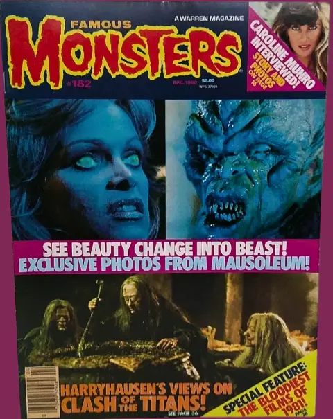 Famous Monsters of Filmland issue #182 April 1982 cover featuring Bobbie Bresee from Mausoleum and witches from Clash of the Titans