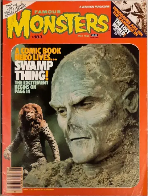 Famous Monsters of Filmland issue #183 May 1982 cover featuring iconic photo of DC Comics' Swamp Thing