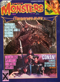 Famous Monsters of Filmland issue #184 June 1982 cover featuring photos from Dragonslayer and Conan the Barbarian