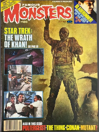Famous Monsters of Filmland issue #185 July 1982 cover featuring painting of Lon Chaney Jr. as Kharis the Mummy with Star Trek II: The Wrath of Khan photos