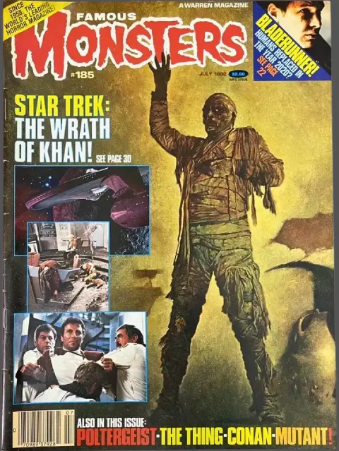 Famous Monsters of Filmland issue #185 July 1982 cover featuring painting of Lon Chaney Jr. as Kharis the Mummy with Star Trek II: The Wrath of Khan photos