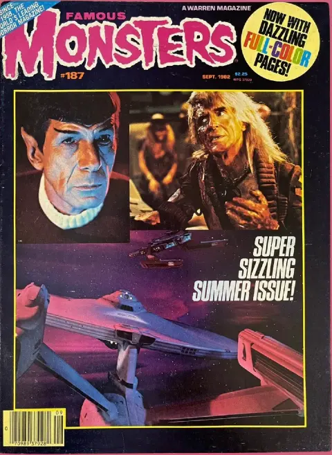 Famous Monsters of Filmland issue #187 September 1982 cover featuring three color stills of Spock, Khan, and the Enterprise from Star Trek II: The Wrath of Khan