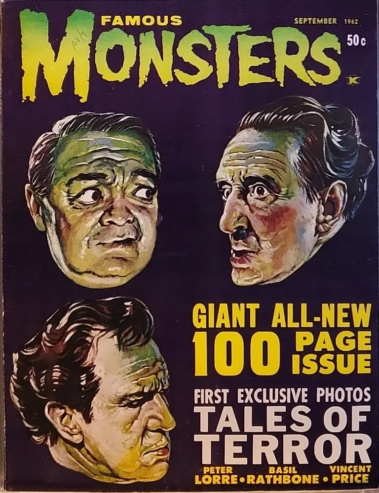 Famous Monsters of Filmland #19 September 1962 cover painting by Basil Gogos of Peter Lorre Basil Rathbone Vincent Price from Tales of Terror