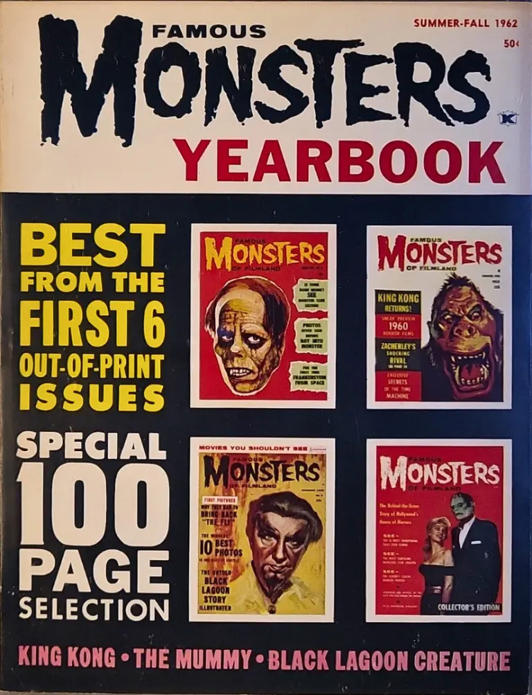 Famous Monsters of Filmland 1962 Yearbook cover reproducing classic issues #1, #3, #5, #6 featuring King Kong, The Mummy, and Creature from the Black Lagoon