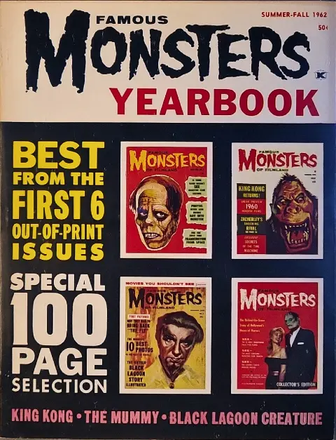 Famous Monsters of Filmland 1962 Yearbook cover reproducing classic issues #1, #3, #5, #6 featuring King Kong, The Mummy, and Creature from the Black Lagoon