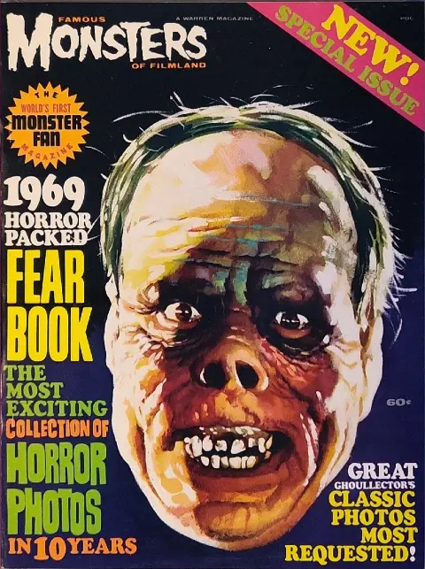 Famous Monsters of Filmland 1969 Yearbook cover reproduction of Lon Chaney as The Phantom of the Opera