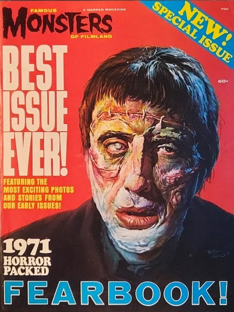 Famous Monsters of Filmland 1971 Yearbook cover featuring Christopher Lee as the Creature from Hammer's Curse of Frankenstein