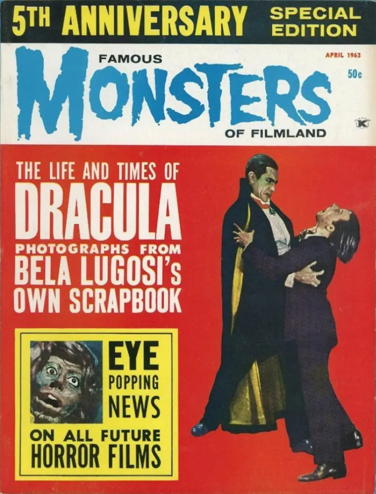 Famous Monsters of Filmland #22 April 1963 cover retouched photo of Bela Lugosi killing Dwight Frye from Dracula with fake head from The Raven