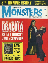 Famous Monsters of Filmland #22 April 1963 cover retouched photo of Bela Lugosi killing Dwight Frye from Dracula with fake head from The Raven