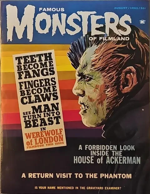 Famous Monsters of Filmland #24 August 1963 uncredited cover painting of Henry Hull as Werewolf of London