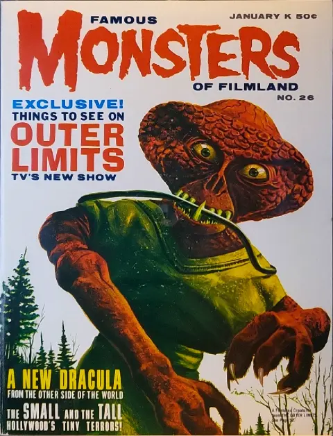 Famous Monsters of Filmland #26 January 1964 uncredited cover painting of Robert Culp alien from Outer Limits Architects of Fear