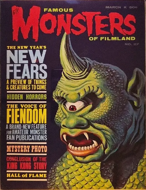 Famous Monsters of Filmland #27 March 1964 uncredited cover painting of green Cyclops from 7th Voyage of Sinbad