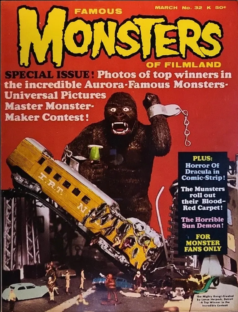 Famous Monsters of Filmland #32 March 1965 cover photo of Lance Herpeck monster model winner scene from King Kong