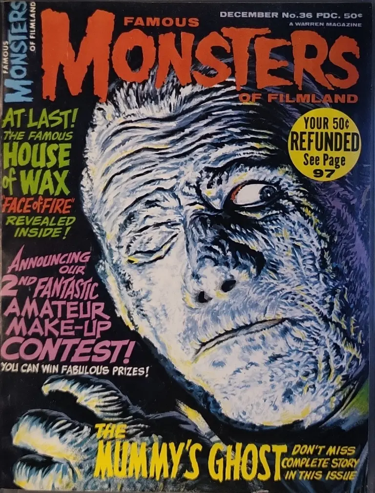 Famous Monsters of Filmland #36 December 1965 cover painting by Vic Prezio of Lon Chaney Jr as Kharis the Mummy