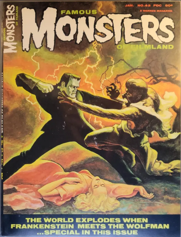 Famous Monsters of Filmland #42 cover painting of Frankenstein Monster fighting the Wolf Man by Ron Cobb