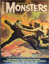 Famous Monsters of Filmland #42 cover painting of Frankenstein Monster fighting the Wolf Man by Ron Cobb