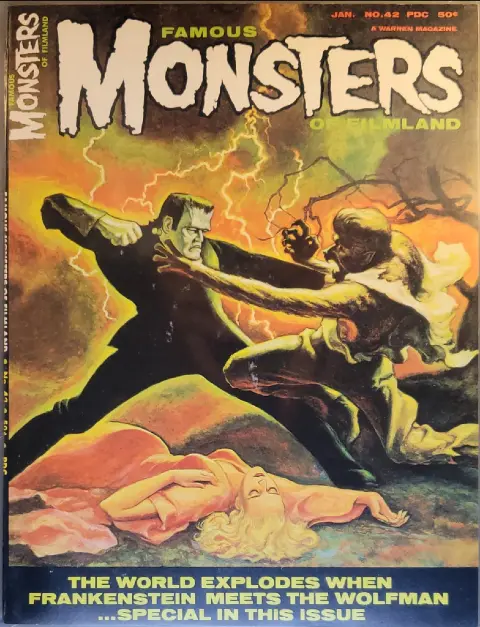 Famous Monsters of Filmland #42 cover painting of Frankenstein Monster fighting the Wolf Man by Ron Cobb