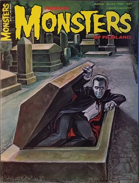 Famous Monsters of Filmland #43 cover painting of Christopher Lee as Dracula rising from the tomb by Ron Cobb