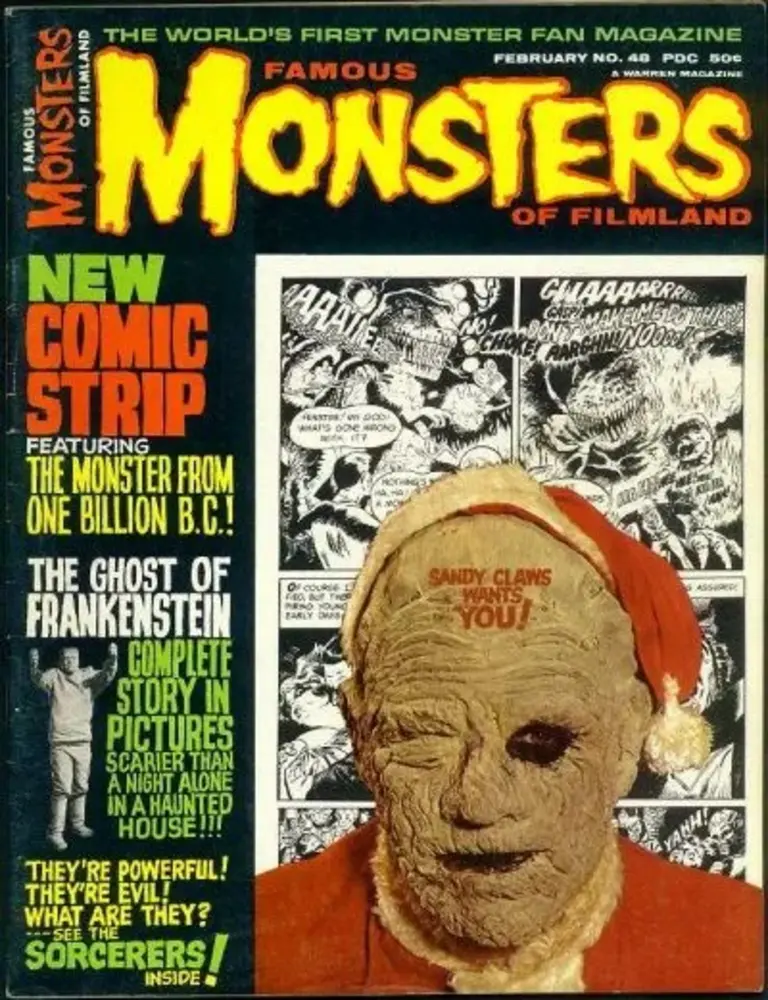 Famous Monsters of Filmland #48 cover photo of someone in Don Post Chaney Mummy mask with Santa suit