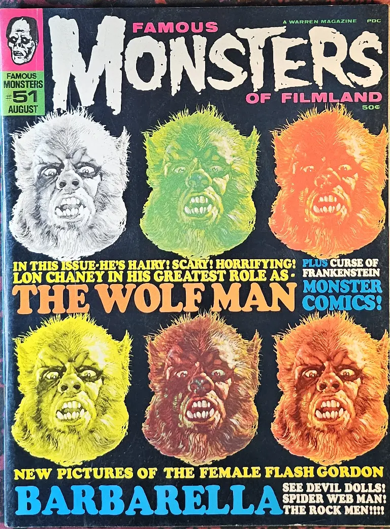 Famous Monsters of Filmland #51 cover painting of Oliver Reed in CURSE OF THE WEREWOLF in multiple colors by Basil Gogos