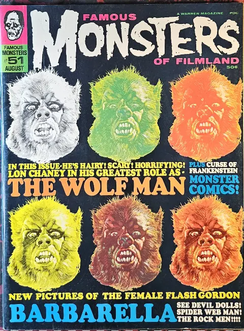 Famous Monsters of Filmland #51 cover painting of Oliver Reed in CURSE OF THE WEREWOLF in multiple colors by Basil Gogos
