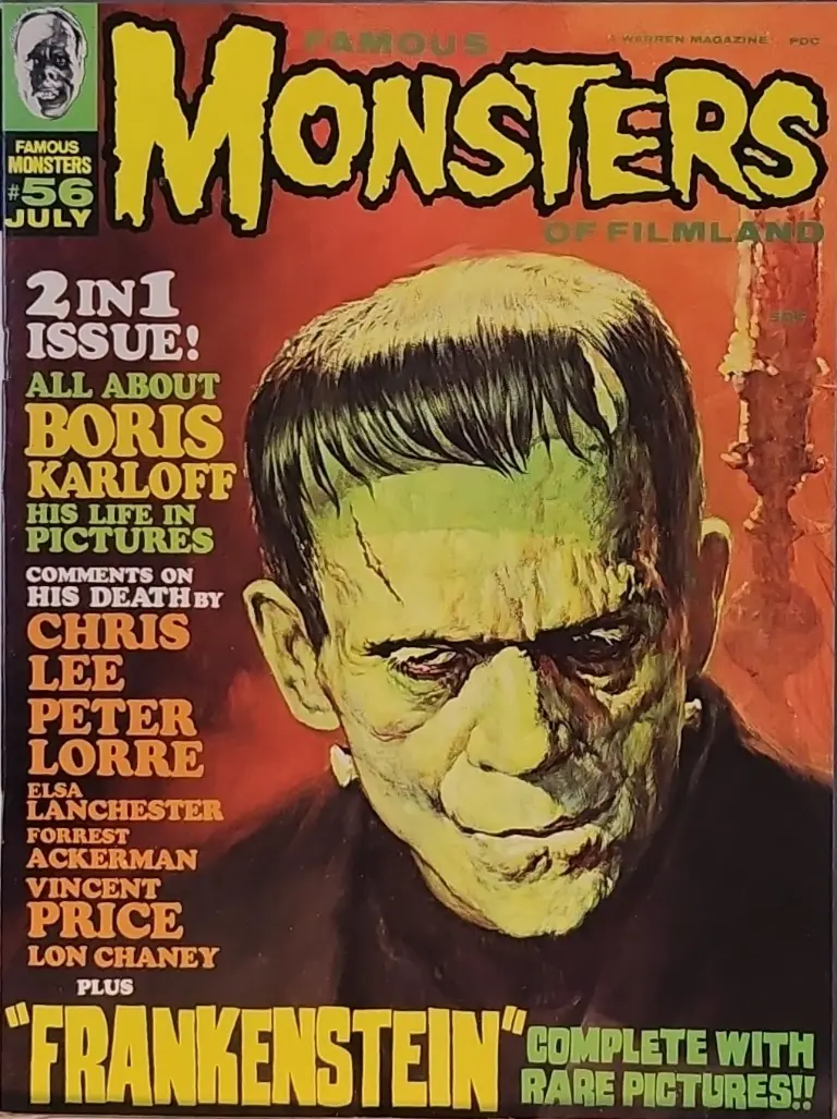 Famous Monsters of Filmland #56 cover painting of Boris Karloff as the Frankenstein Monster by Basil Gogos