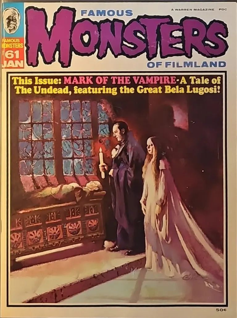 Famous Monsters of Filmland #61 cover painting of Bela Lugosi and Carroll Borland from MARK OF THE VAMPIRE by Peter Green