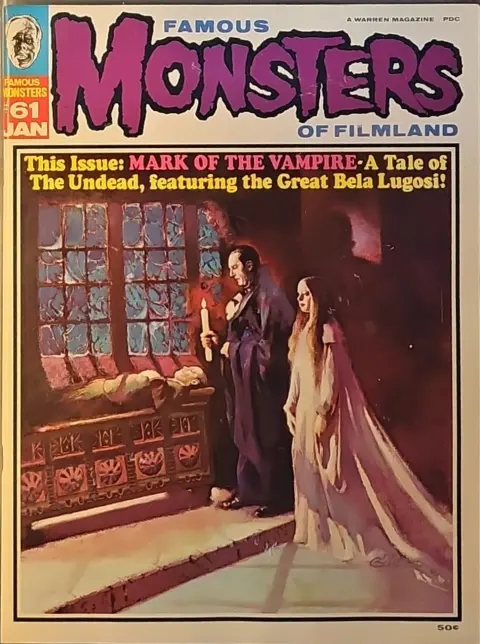 Famous Monsters of Filmland #61 cover painting of Bela Lugosi and Carroll Borland from MARK OF THE VAMPIRE by Peter Green