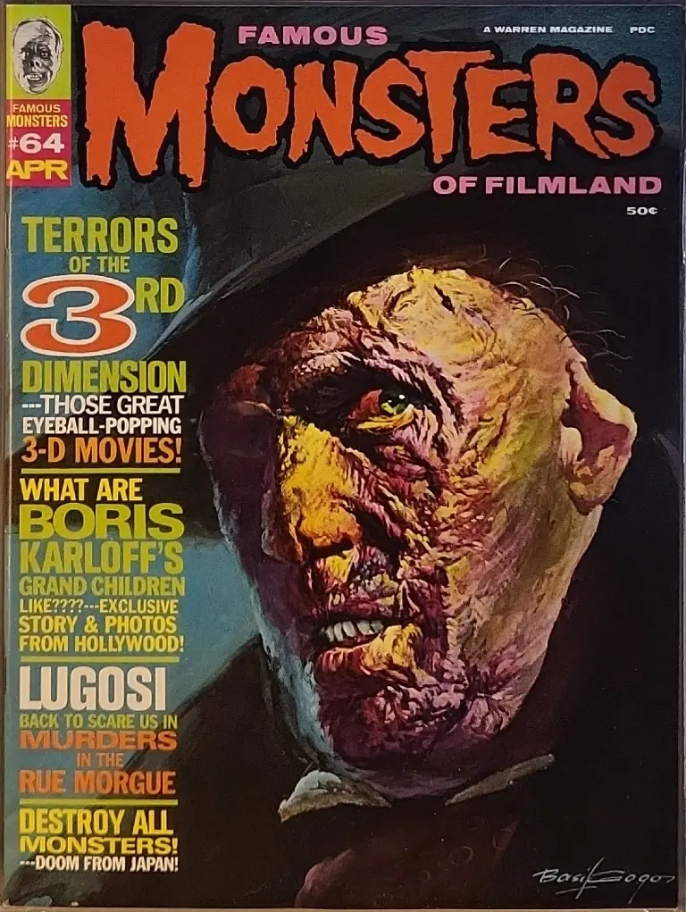 Famous Monsters of Filmland #64 cover painting of Vincent Price unmasked from HOUSE OF WAX by Basil Gogos