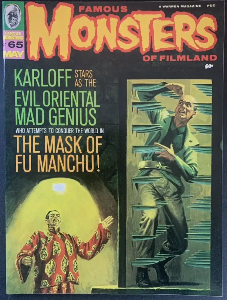 Famous Monsters of Filmland #65 cover painting of Karloff and torture device from THE MASK OF FU MANCHU by Basil Gogos