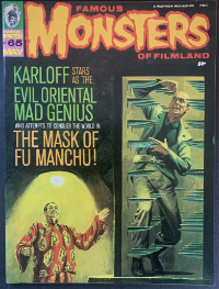 Famous Monsters of Filmland #65 cover painting of Karloff and torture device from THE MASK OF FU MANCHU by Basil Gogos